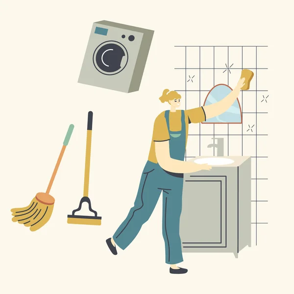 Υπηρεσία καθαρισμού, Γυναικείος χαρακτήρας σε μπλε φόρμες Πλυντήριο ρούχων και σκουπίσματος καθρέφτη στο μπάνιο με Rag. Γυναίκα υπάλληλος της επαγγελματικής εταιρείας καθαρισμού εργασίας διαδικασία. Γραμμική διανυσματική απεικόνιση — Διανυσματικό Αρχείο