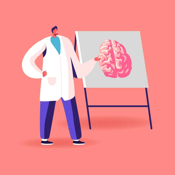 Arztfigur im weißen Arztkittel zeigt auf Schild mit menschlichem Gehirn und erklärt seine Möglichkeiten, Alzheimer und Demenz, psychische Erkrankungen, Hypnose. Zeichentrickvektorillustration — Stockvektor
