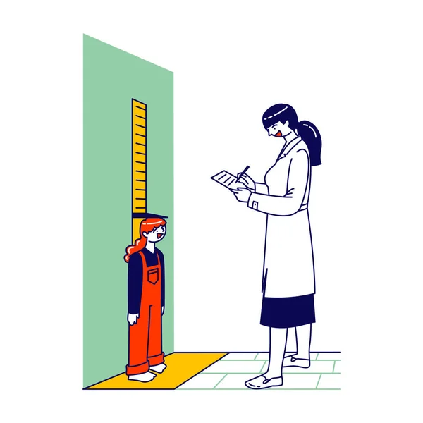 Kvinnlig doktor Karaktärsmätning höjd Little Girl stående på vägg med skala och skriva data i anteckningsboken. Medicinsk kontroll, barns tillväxt och utveckling. Linjära människor vektor Illustration — Stock vektor