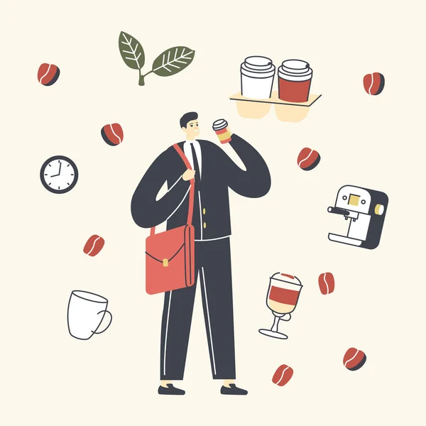 Joven hombre de negocios personaje de desgaste formal y bolso de hombro beber café en taza desechable. Morning Takeaway Drink Refreshment on Way at Work, City Dweller Lifestyle. Ilustración de vectores lineales — Archivo Imágenes Vectoriales