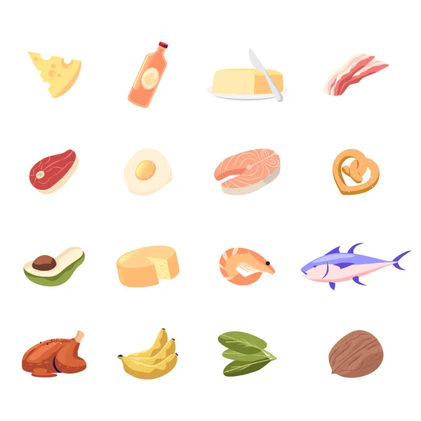 Set van Iconen kaas, olie in fles en boter, spek, vleessteak en gebakken ei. Visstuk met Pretzel en Avocado, Garnaal, Tonijn en Kip met Banaan, Spinazie en Noot. Cartoon Vector Illustratie — Stockvector