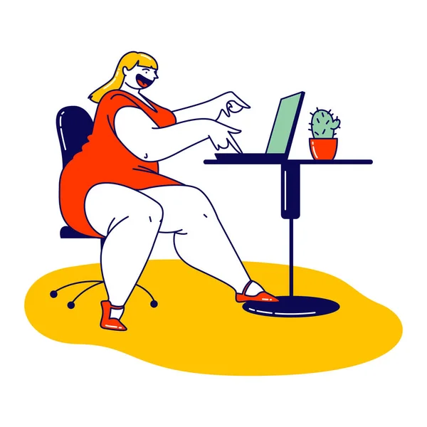Korpulent kvinna i kort röd klänning Sitter vid Office Desk Arbetar på laptop. Glada Confident Plus storlek kvinnlig karaktär njuter av livet. Kroppsligt positiv, femininitetskoncept. Linjär vektorillustration — Stock vektor