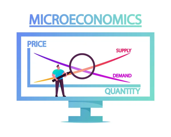 Piccolo supporto per personaggi maschili con lente d'ingrandimento allo schermo del computer enorme con grafico microeconomico contiene prezzo, quantità, offerta e bilancia della domanda. Economia Studiare. Illustrazione del vettore del fumetto — Vettoriale Stock