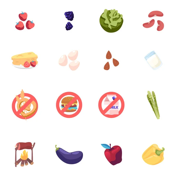 Set van Iconen Aardbei, Blackberry en Kool met Bonen, Kaas, Eieren, Amandelen en Asperges. Melk en Glutenintolerantie, Burger en Pretzel met aubergine en vlees. Cartoon Vector Illustratie — Stockvector