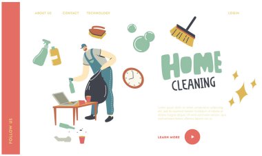 Temizlik Hizmetleri Görevlisi İniş Şablonu. Üniformalı hademe, temizlik malzemesi ve teçhizatla çöpleri topladı. Erkek Karakteri Ev İşleri 'nden. Doğrusal Vektör İllüstrasyonu