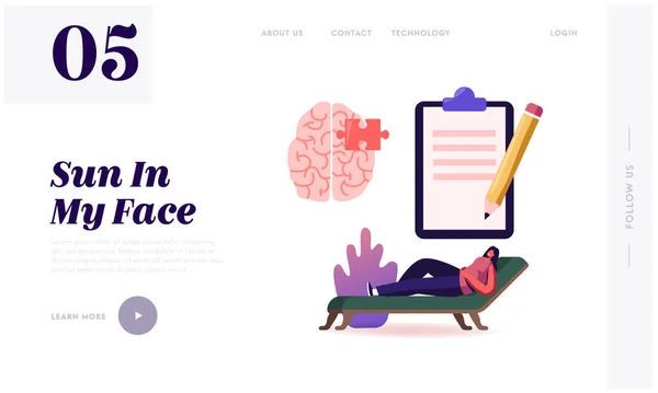 Problema de Salud Mental, Hipnosis Landing Page Template. Personaje del paciente en la cita del psicólogo, mujer deprimida acostada en el sofá necesita ayuda profesional del médico especialista. Ilustración de vectores de dibujos animados — Vector de stock