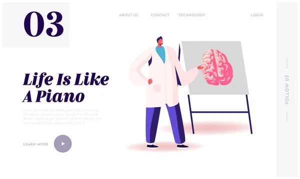 Enfermedad mental, hipnosis Plantilla de Landing Page. El personaje del doctor en bata médica blanca que señala en el letrero con el cerebro humano explica sus oportunidades, síntomas de la enfermedad. Ilustración de vectores de dibujos animados — Archivo Imágenes Vectoriales