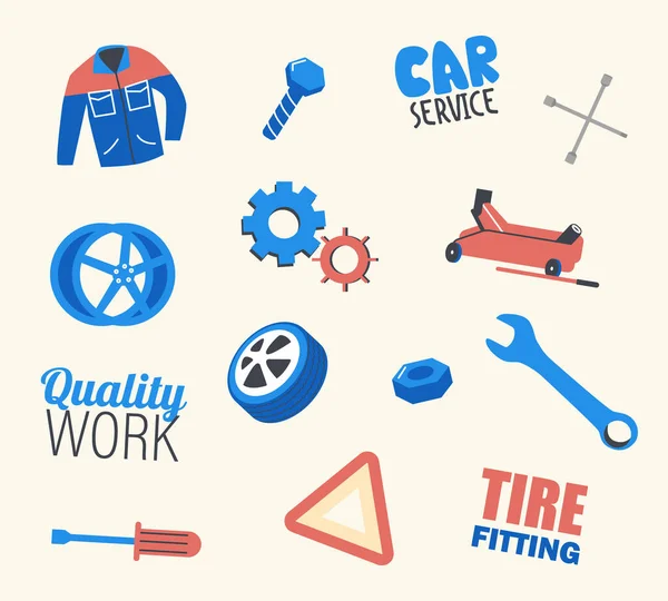 Car Service Set Working Uniform, Wrench and Automobile Tires, Traffic Sign, Screwdriver and Cogwheels. Tools and Instrument for Maintenance, Fixing and Repair Garage Works. Linear Vector Illustration — Stock Vector