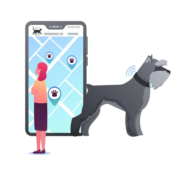 Pequeño personaje femenino Stand at Huge Smartphone con GPS aplicación de navegación para mascotas. Mujer Mira en la pantalla del teléfono móvil con el mapa de la ciudad y Pines de ubicación, perro en el collar de señalización. Ilustración de vectores de dibujos animados — Vector de stock