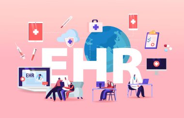 EHR, Elektronik Sağlık Kayıtları Konsepti. Hasta Karakterleri Tablet 'e Tıbbi Veri Ekle. Doktor Çevrimiçi Poster Flyer Raporunu okumak için Dijital Akıllı Aygıt Kullan. Çizgi film İnsanları Vektör İllüstrasyonu