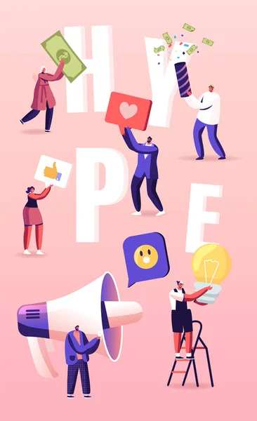 Hype, Social Media Virale of valse inhoud verspreiden concept. Kleine Karakters met Enorme Brieven en Megafoon. Geldrekeningen die rondvliegen. Poster Banner Flyer. Cartoon People Vector Illustratie — Stockvector