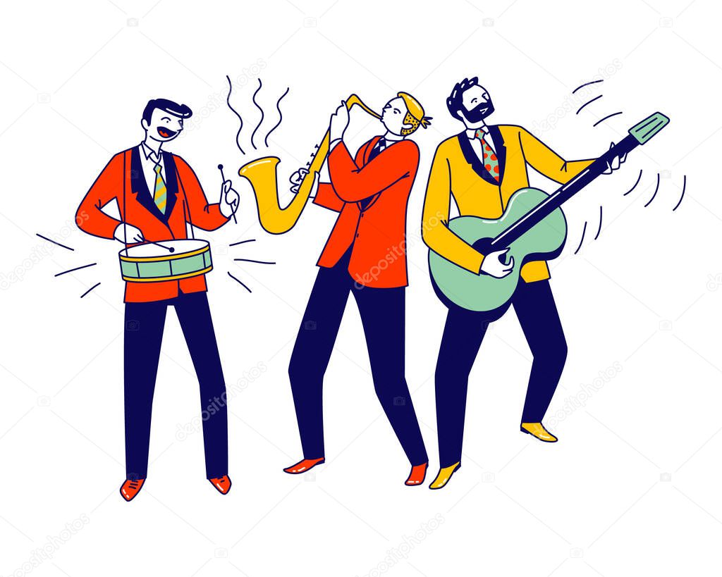 Street Musicians Characters or Jazz Band Perform Show. Guitarist, Drummer and Saxophonist Playing Music Concert Isolated on White Background, Musical Performance. Linear People Vector Illustration