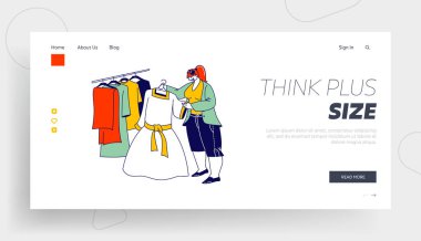 Alışverişkolik Kadın Karakteri Alışveriş İniş Sayfası Şablonu. Artı Mağazadaki Moda Giysisi Boyutu Seçen Kadın. Şişko Kız Elbise Tutma Giysisiyle Askı 'nın yanında duruyor. Doğrusal Vektör İllüstrasyonu