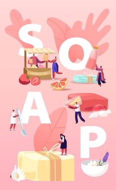 El yapımı sabun konsepti. Küçük Erkek ve Kadın Karakterler Doğal Organik Malzemeleri Yapıyor, Market Posterinde Satılık Bitkiler ve Yağ İlan Ediyor. Çizgi film İnsanları Vektör İllüstrasyonu