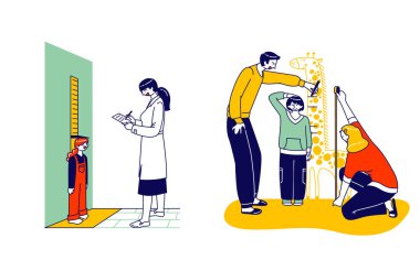 Çocuk Yüksekliği Ölçümü Kavramı. Not Defteri 'nde Doktor Karakter Yazıyor, Küçük Kız Scale ile Duvarda Duruyor. Ebeveynler Oğul Boyunu Zürafa Ölçer, Bebek Büyütme. Doğrusal İnsanlar Vektör İllüstrasyonu