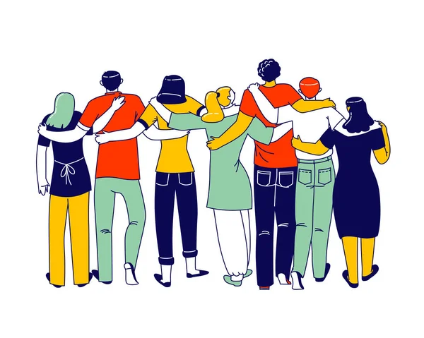 友人の概念を持つハグ。多様な多人種男性と女性のキャラクターが列に立ち、互いのリアビューを抱き合っています。国際友情の日のお祝い、平和。リニアな人物ベクトルイラスト — ストックベクタ