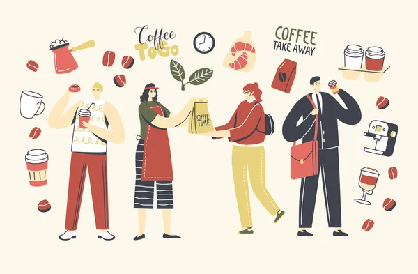 Άνθρωποι που αγοράζουν και πίνουν καφέ Takeaway ή ζεστά ροφήματα σε χάρτινα κύπελλα μιας χρήσης. Ανδρική και γυναικεία Χαρακτήρες Πρωινή Αναψυκτικό, Οι εργαζόμενοι διάλειμμα καφέ στο γραφείο. Γραμμική διανυσματική απεικόνιση — Διανυσματικό Αρχείο