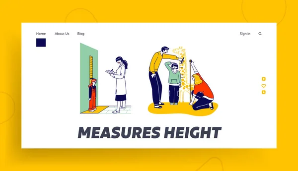 Child Height Measuring Landing Page Template. .Doktor-Schriftzeichen in Notizbuch, kleines Mädchen steht an der Wand, Waage-Eltern messen die Körpergröße des Sohnes im Giraffenmeter. Lineare Menschen Vektor Illustration — Stockvektor