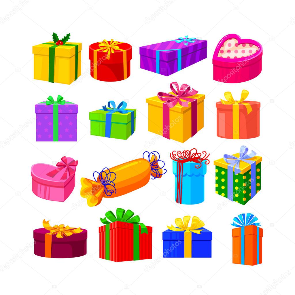 Set of Gifts Isolated on White Background. Colorful Present Boxes of Different Shapes Wrapped with Ribbons and Bows for Christmas, Boxing Day, Birthday Celebration. Cartoon Vector Illustration, Icons