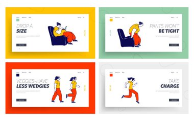 Kilo Verme Sahneleri İniş Şablonu Ayarlandı. Şişman Kadın Karakteri Kalkıyor, Koşuyor ve Zayıf Dönüşüm Oluyor. Şişman kadın sağlıklı bir vücuda dönüşüyor. Doğrusal İnsanlar Vektör İllüstrasyonu