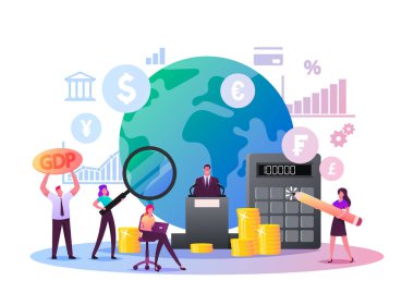 Macroeconomics, Gross Domestic Product. Tiny Characters Finance Gdp Money Budget and Positive Whole Stock Capital Income Rate. Global Money Study and Basic Economy. Cartoon People Vector Illustration clipart