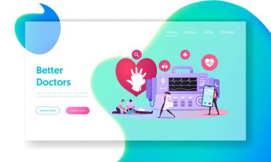Kardiyopulmoner Resuscitation CPR Acil Durum İniş Şablonu. Yoğunlaştırıcı Kritik Hastaya Defibrilasyon Yapıyor. Küçük Doktor Karakter Ambulansı. Çizgi film İnsanları Vektör İllüstrasyonu