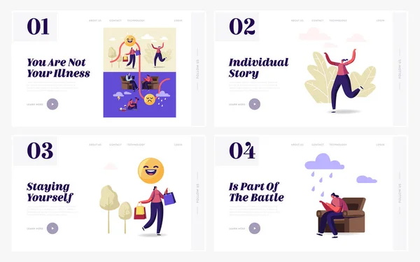 Bipolar Desordem Landing Page Template Set. Personagem Feminina com Cérebro Mental Neurológico ou Emoção Doença Visite Médico Psiquiatra para Ajuda Psicológica. Desenhos animados Pessoas Vector Ilustração —  Vetores de Stock