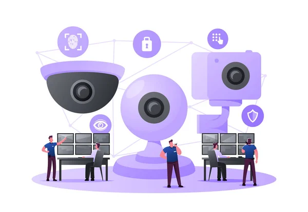 Security Characters Monitoring Surveillance System, Burglary Prevention. Tine Men at Huge Video Camers Looking at Multiple Monitors Controlling, Analyzing Situation. Cartoon People Vector Illustration — Stock Vector