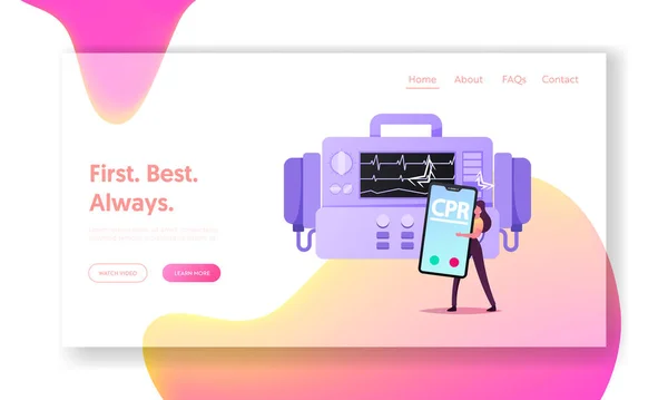 Modelo de página de aterrissagem de procedimento médico de ressuscitação cardiopulmonar. Caráter feminino minúsculo segurando enorme Smartphone Call CPR Suporte de serviço de emergência no enorme desfibrilador. Desenhos animados Vector Ilustração — Vetor de Stock