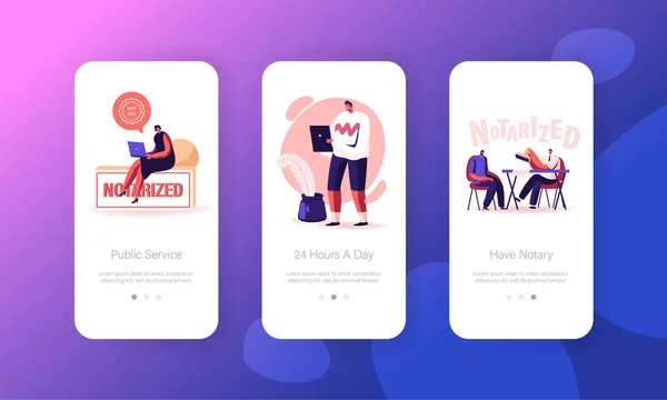 Karakters Bezoek Advocaat Office Mobile App Page Onboard Screen Template. Kleine mensen krijgen notaris Professional Service voor het ondertekenen en legaliseren van documenten concept. Cartoon Vector Illustratie — Stockvector