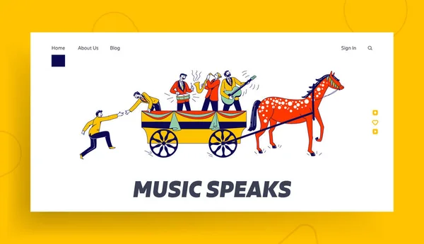 Jump on Bandwagon Landing Page Template. .Join Very Popular Activity to Share its Success. Follower Character Chasing, Joining and Jumping into Wagon with Music Band. Linear People Vector Illustration — Stock Vector