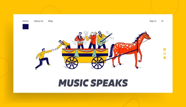 Ugrás a Bandwagon Landing Page Sablon. Csatlakozzon nagyon népszerű tevékenység megosztani a siker. Kövesd Character Chasing-t, csatlakozz és ugorj a Wagon-ba a Music Banddel. Lineáris ember vektor illusztráció — Stock Vector