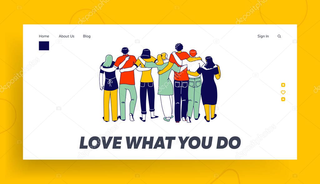 Hugs with Friends Landing Page Template. Diverse Multiracial Characters Stand in Row Hugging Each Other Rear View. International Friendship Day Celebration, Peace. Linear People Vector Illustration