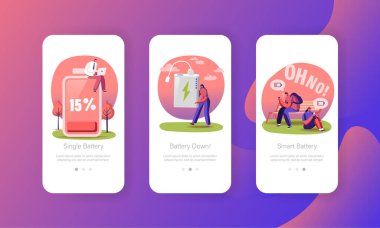 Piller Düşük Seviyeli Kablosuz Şarj Mobil Uygulama Sayfası Ekran Şablonu. Minik Karakterler Şarj Aygıtları, Cep telefonları ve Gadget 'lar. Büyük Batarya Kavramının Yakınındakiler. Çizgi film Vektör İllüstrasyonu