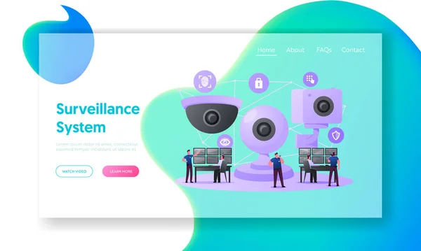 Šablona stránky Sledování znaků zabezpečení systému Přistání. Drobní muži na obrovské videokamery Při pohledu na více monitorů Ovládání Analyzování Situace. Vektorová ilustrace kreslených osob — Stockový vektor