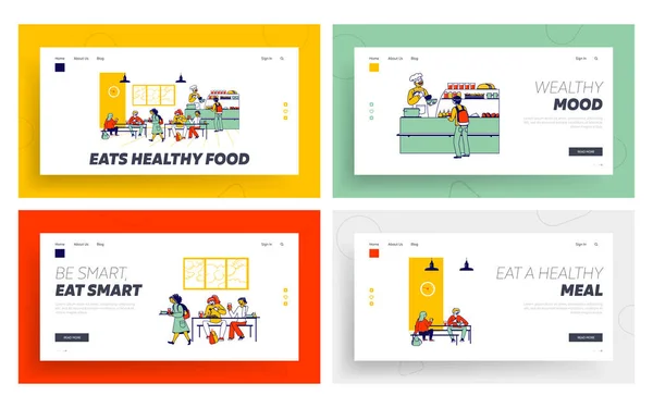 Niños comen en la escuela Café Landing Page Template Set. Niños con bandejas de comida y personaje del personal en la cafetería con mesas y sillas. Personas lineales Vector Ilustración — Vector de stock