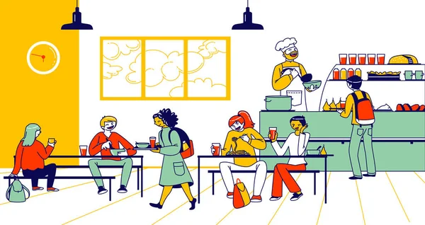 子供たちは学校のカフェで食べる。テーブルと椅子のあるカフェテリアインテリア、フードトレイのある子供たち、食堂カウンターバーのスタッフキャラクター学校に食事を与える。リニアな人物ベクトルイラスト — ストックベクタ