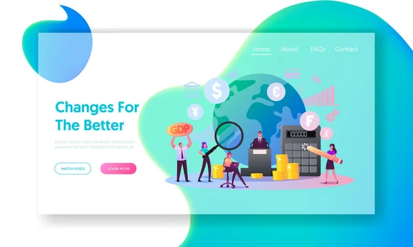 マクロ経済学、国内総生産ランディングページテンプレート。小さな文字財務Gdpマネー予算と正の資本収入率。人々は世界経済を学ぶ。漫画ベクターイラスト — ストックベクタ