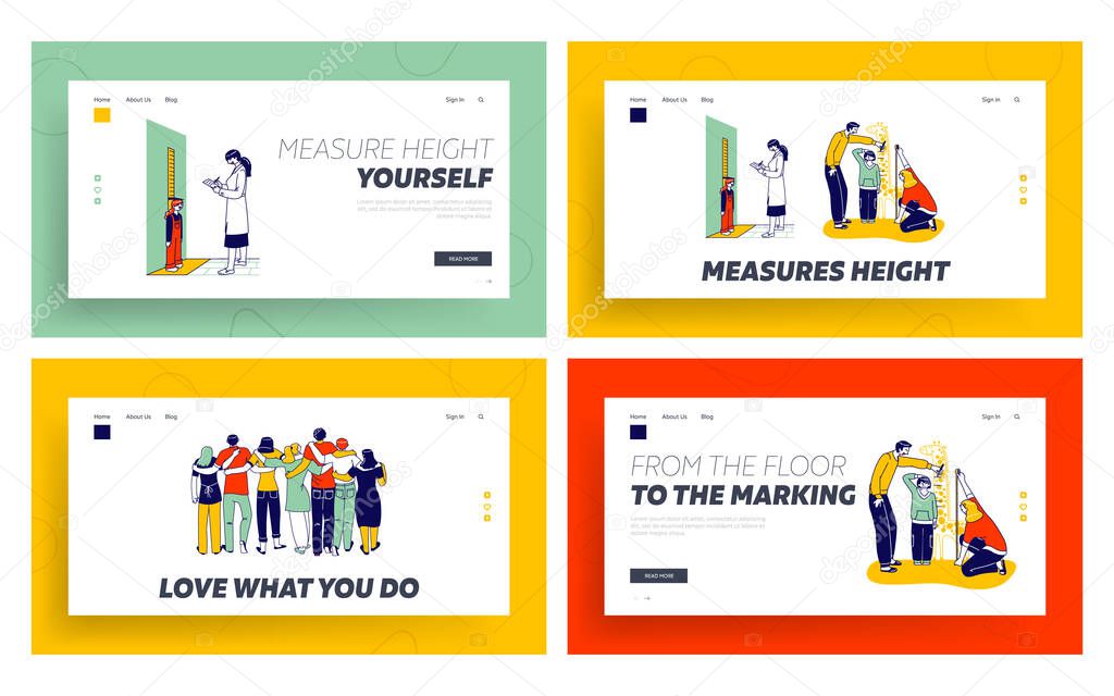 Child Height Measuring, Friends Hugs Landing Page Template Set. Parents and Doctor Characters Measure Kids Height at Wall with Scale. People Group Stand in Row Embracing. Linear Vector Illustration