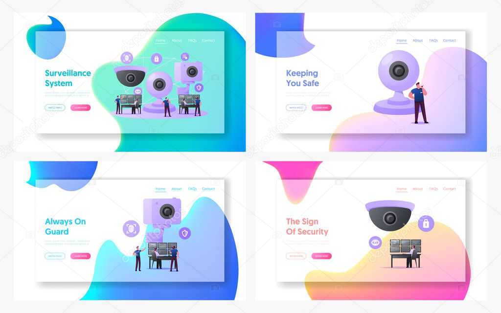 Security Characters Monitoring Surveillance System Landing Page Template Set. Tiny Men at Huge Video Camera Look at Multiple Monitors Control and Analyze Situation. Cartoon People Vector Illustration