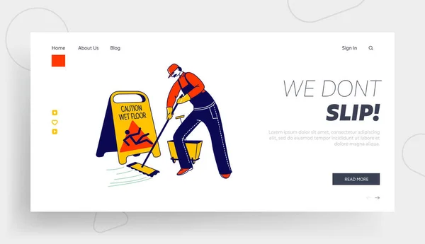 Precaução piso molhado Landing Page Template. Janitor personagem masculino Mopping e piso de limpeza com sinal de precaução amarelo — Vetor de Stock