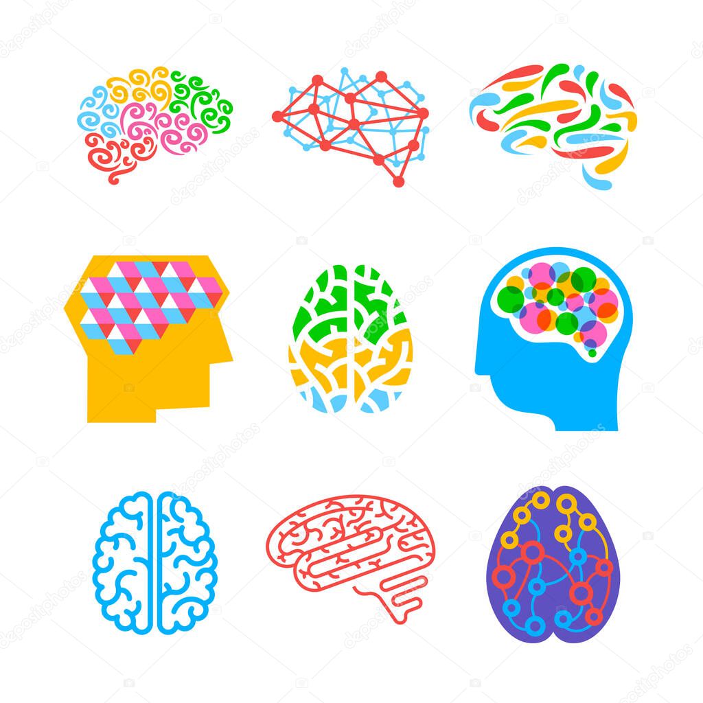 Set of Human Brains Isolated on White Background. Collection of Icons or Emblems for Thinking Activity