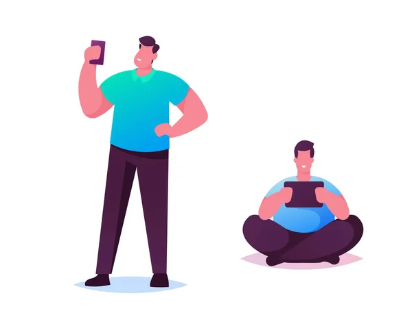 2015 년 4 월 1 일에 확인 함 . Male Characters Holding Mobile Phone and Tablet Pc Chatting, Texting, Reading Newsfeed on Social Media Using VPN Service. 인터넷 개인 정보 보호, 스마트 폰 통신. 카툰 사람들이 보여 주는 반사기 — 스톡 벡터
