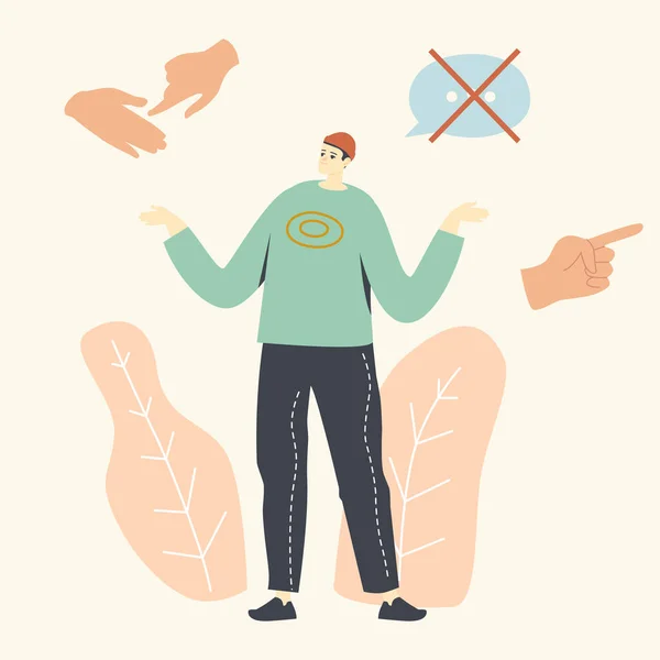 Male Character in Hipster Clothing Use Deaf and Dumb Gesture Language Using Only Hand Gestures with No Sounds. Volunteer Using International Communication without Words. Linear Vector Illustration — Image vectorielle