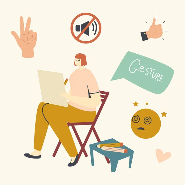 Female Character Sitting on Chair Painting Gestures. Woman Use Deaf and Dumb Language Using Hand Gesturing without Words. No Sounds International Communication, Palm Signs. Linear Vector Illustration — Stock Vector