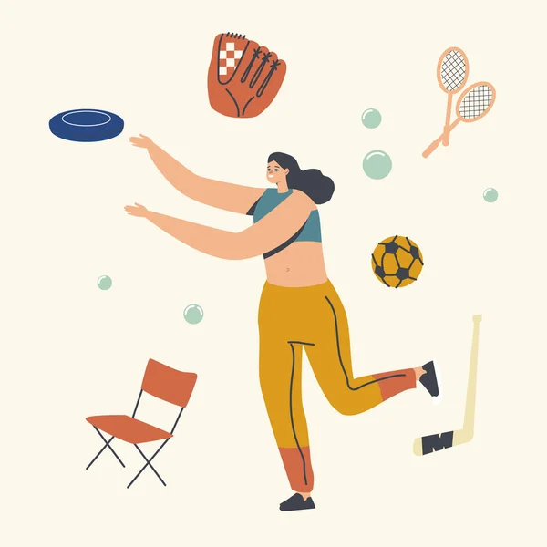 Personaje femenino Actividad al aire libre, Mujer feliz jugando en Park Throw Flying Plate. Vacaciones de verano y tiempo libre. Ocio Recreación, Vacaciones de verano, Vacaciones Relájese. Ilustración de vectores lineales — Archivo Imágenes Vectoriales