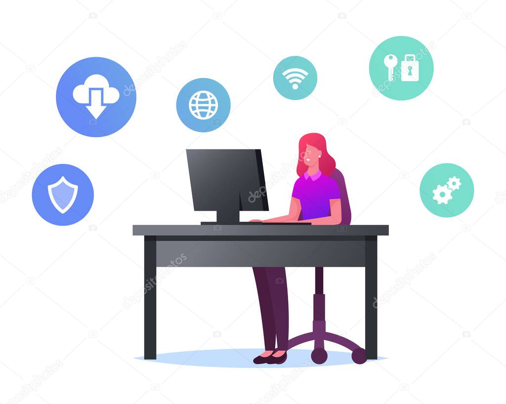 Female Character Working on Pc Use Virtualized Cloud Computing and Vpn Service for Protecting Information. Network Virtualization, Virtual Machines Technologies Concept. Cartoon Vector Illustration