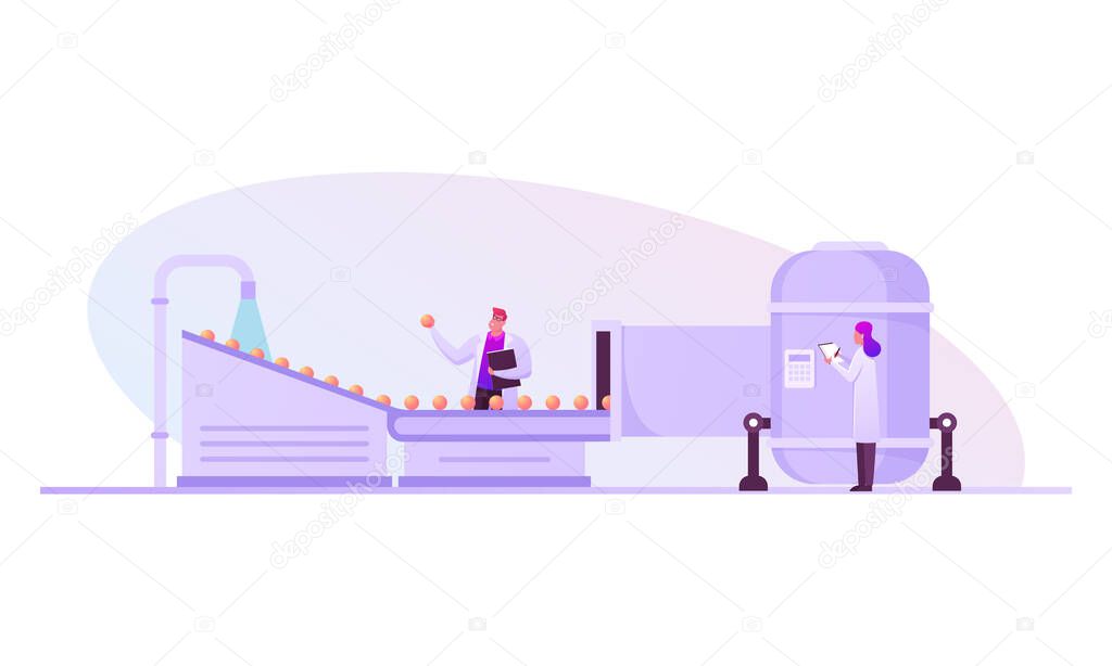 Factory Worker Characters in White Robe Stand at Conveyor Belt with Ripe Washed Fruits Moving to Container for Producing Juice. Natural Beverages Manufacture, Plant. Cartoon People Vector Illustration