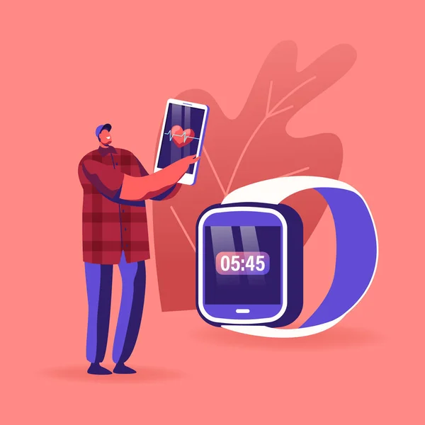 Male Character menggunakan Smart Watch dan Mobile App untuk Monitor Health Performance. Man Looking on Smartphone Heart Beating Indication after Running or Fitness Workout Session (dalam bahasa Inggris). Ilustrasi Vektor Kartun - Stok Vektor