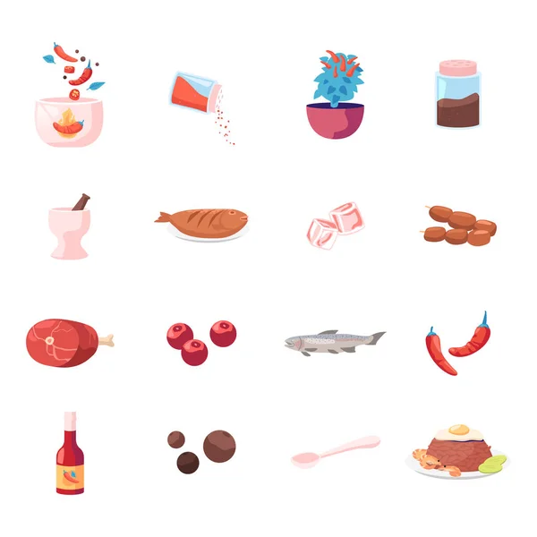 Set of Icons Food and Condiments Red Hot Chilli Pepper, Allspice, Mortar and Fried Fish, Ice Cubes, Meat on Skewers and Raw Meat, Spice Sauce, Spoon and Thai Rice Meal. Cartoon Vector Illustration — стоковий вектор